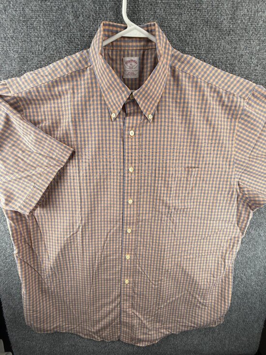 Brooks Brothers Other - Brooks Brothers Check Non-Iron Cotton XL Button-Down Short Sleeve Blue Orange